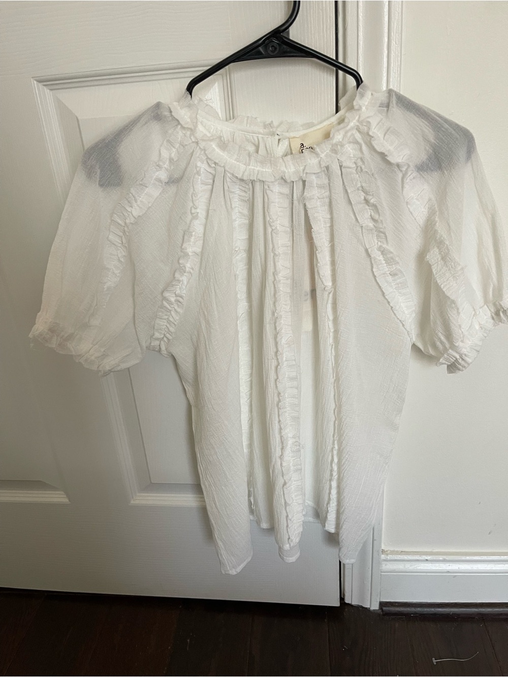 White Ruffle-Trim Puff Sleeve Blouse - Feminine Lightweight Top